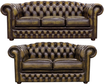 The Royale Chesterfield 3 Piece Suite with 3 seater and 2 seater in Antique Gold leather