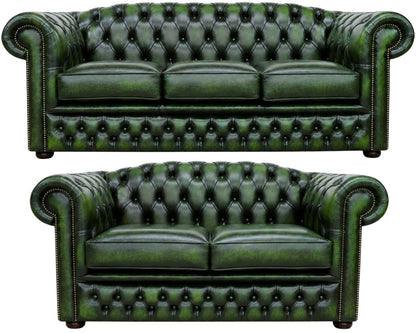 The Royale Chesterfield 3 Piece Suite with 3 seater and 2 seater in Antique Green leather