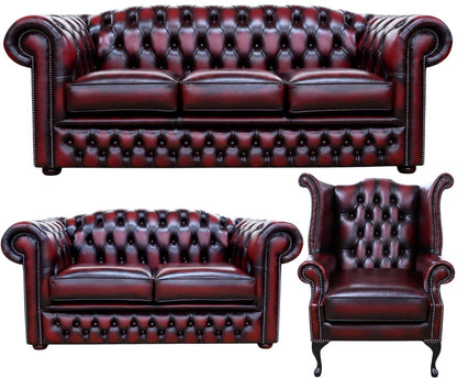 The Royale Chesterfield 3 Piece Suite with 3 seater, 2 seater and wing chair in Antique Oxblood leather