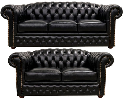 The Royale Chesterfield 3 Piece Suite with 3 seater and 2 seater in English Black leather
