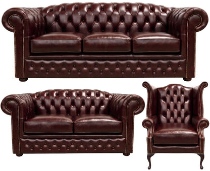 The Royale Chesterfield 3 Piece Suite with 3 seater, 2 seater and wing chair in English Brown leather