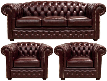 The Royale Chesterfield 3 Piece Suite with 3 seater and 2 club chairs in English Brown leather