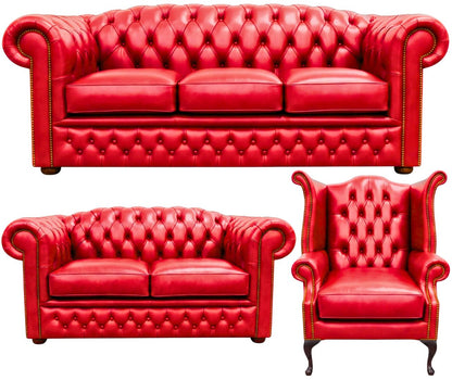 The Royale Chesterfield 3 Piece Suite with 3 seater, 2 seater and wing chair in English Claret leather