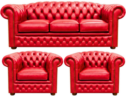 The Royale Chesterfield 3 Piece Suite with 3 seater and 2 wing chairs in English Claret leather