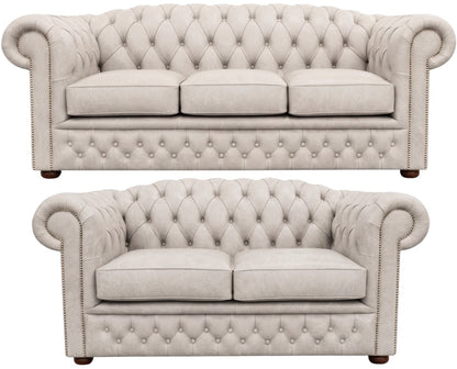 The Royale Chesterfield 3 Piece Suite with 3 seater and 2 seater in English Fossil Grey leather