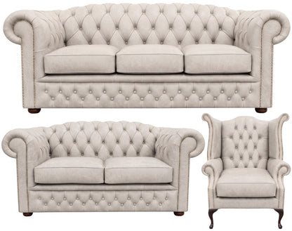 The Royale Chesterfield 3 Piece Suite with 3 seater, 2 seater and wing chair in English Fossil Grey leather