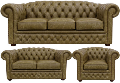 The Royale Chesterfield 3 Piece Suite with 3 seater, 2 seater and club chair in English Moss leather