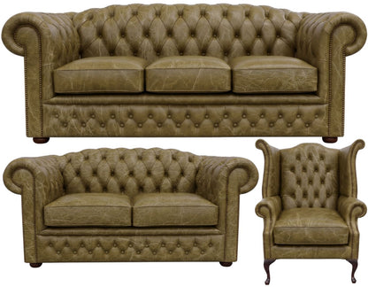 The Royale Chesterfield 3 Piece Suite with 3 seater, 2 seater and wing chair in English Moss leather