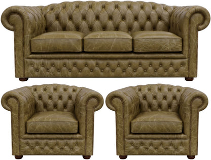 The Royale Chesterfield 3 Piece Suite with 3 seater and 2 club chairs in English Moss leather