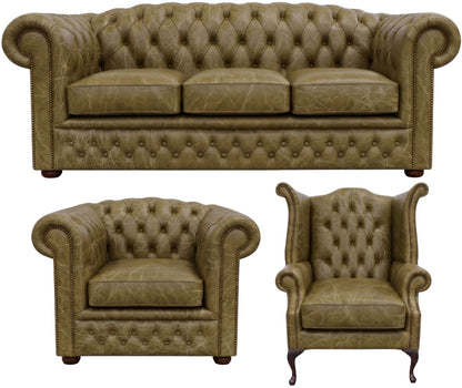 The Royale Chesterfield 3 Piece Suite with 3 seater, club chair and Queen Anne chair in English Moss leather