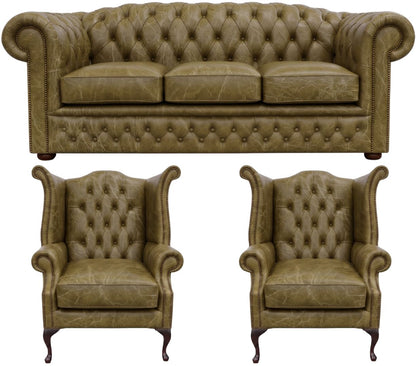 The Royale Chesterfield 3 Piece Suite with 3 seater and 2 wing chairs in English Moss leather