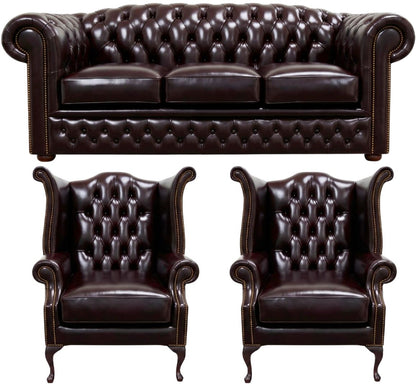 The Royale Chesterfield 3 Piece Suite with 3 seater and 2 wing chairs in English Smoke leather