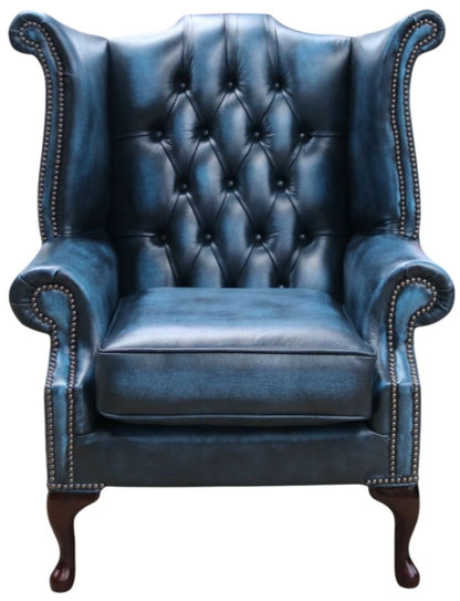 The Royale Chesterfield Queen Anne Chair in Antique Blue leather