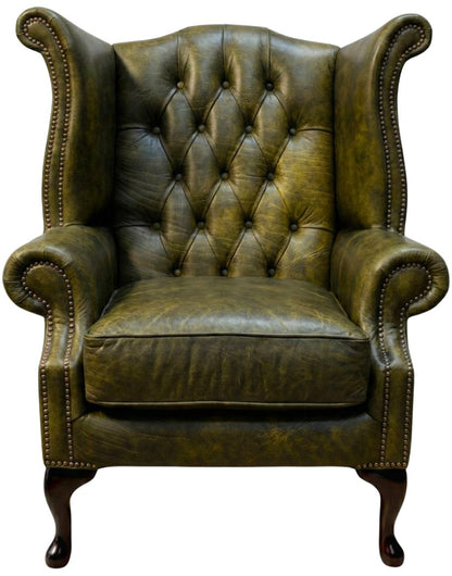 The Royale Chesterfield Queen Anne Chair in Vintage Moss leather