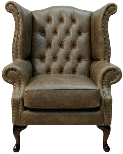 The Royale Chesterfield Queen Anne Chair in Vintage Olive leather