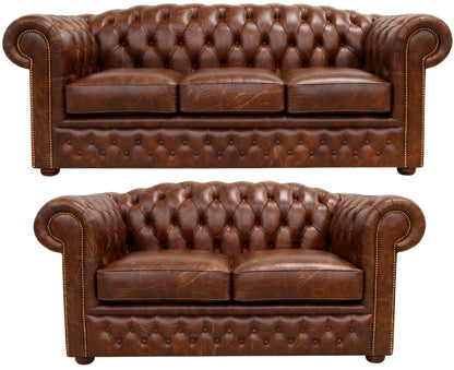 The Royale Chesterfield 3 Piece Suite with 3 seater and 2 seater in Vintage Chestnut leather