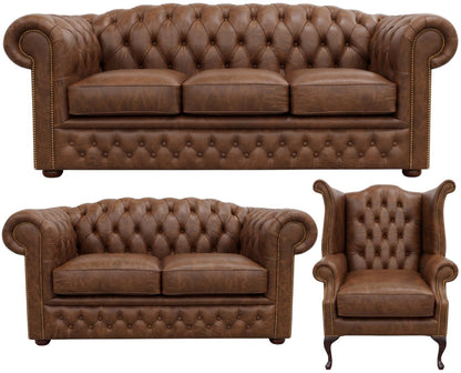 The Royale Chesterfield 3 Piece Suite with 3 seater, 2 seater and wing chair in Vintage Hazel leather