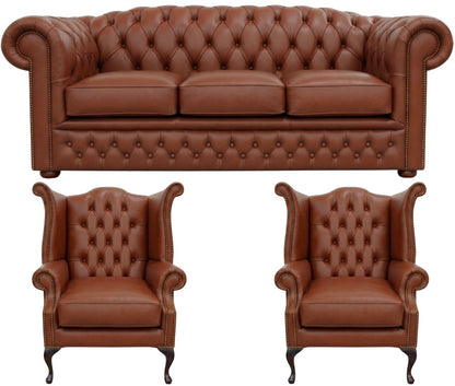 The Royale Chesterfield 3 Piece Suite with 3 seater and 2 wing chairs in Windsor Cocoa leather