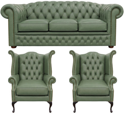 The Royale Chesterfield 3 Piece Suite with 3 seater and 2 wing chairs in Windsor Lichen leather
