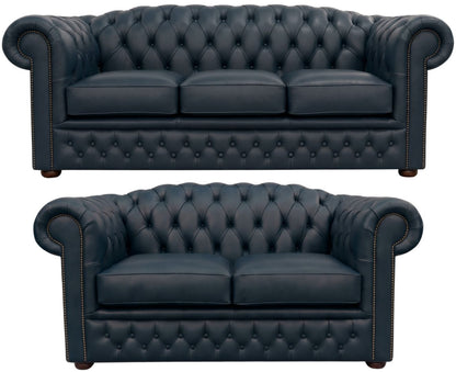 The Royale Chesterfield 3 Piece Suite with 3 seater and 2 seater in Windsor Navy Blue leather