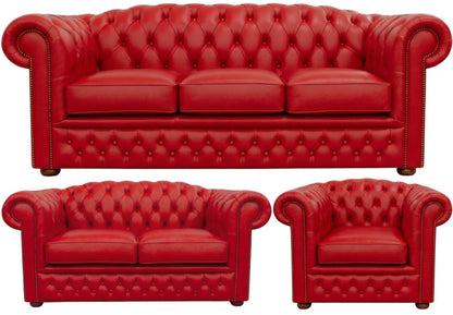 The Royale Chesterfield 3 Piece Suite with 3 seater, 2 seater and club chair in Windsor Red leather