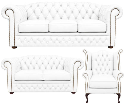 The Royale Chesterfield 3 Piece Suite with 3 seater, 2 seater and wing chair in Windsor White leather