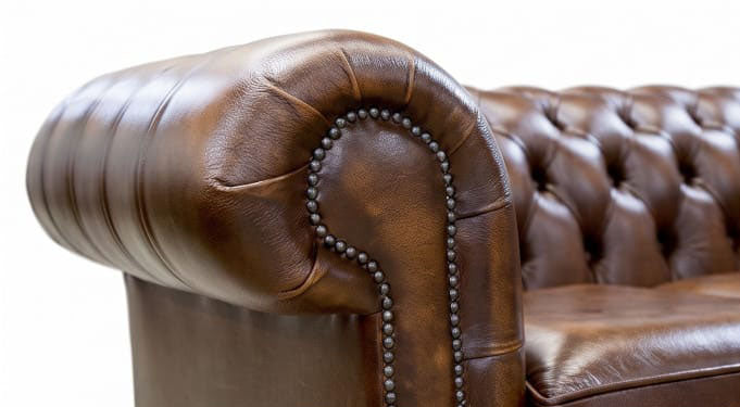 Cambridge Chesterfield Sofa rolled arm with hand studded nailheads in antique leather